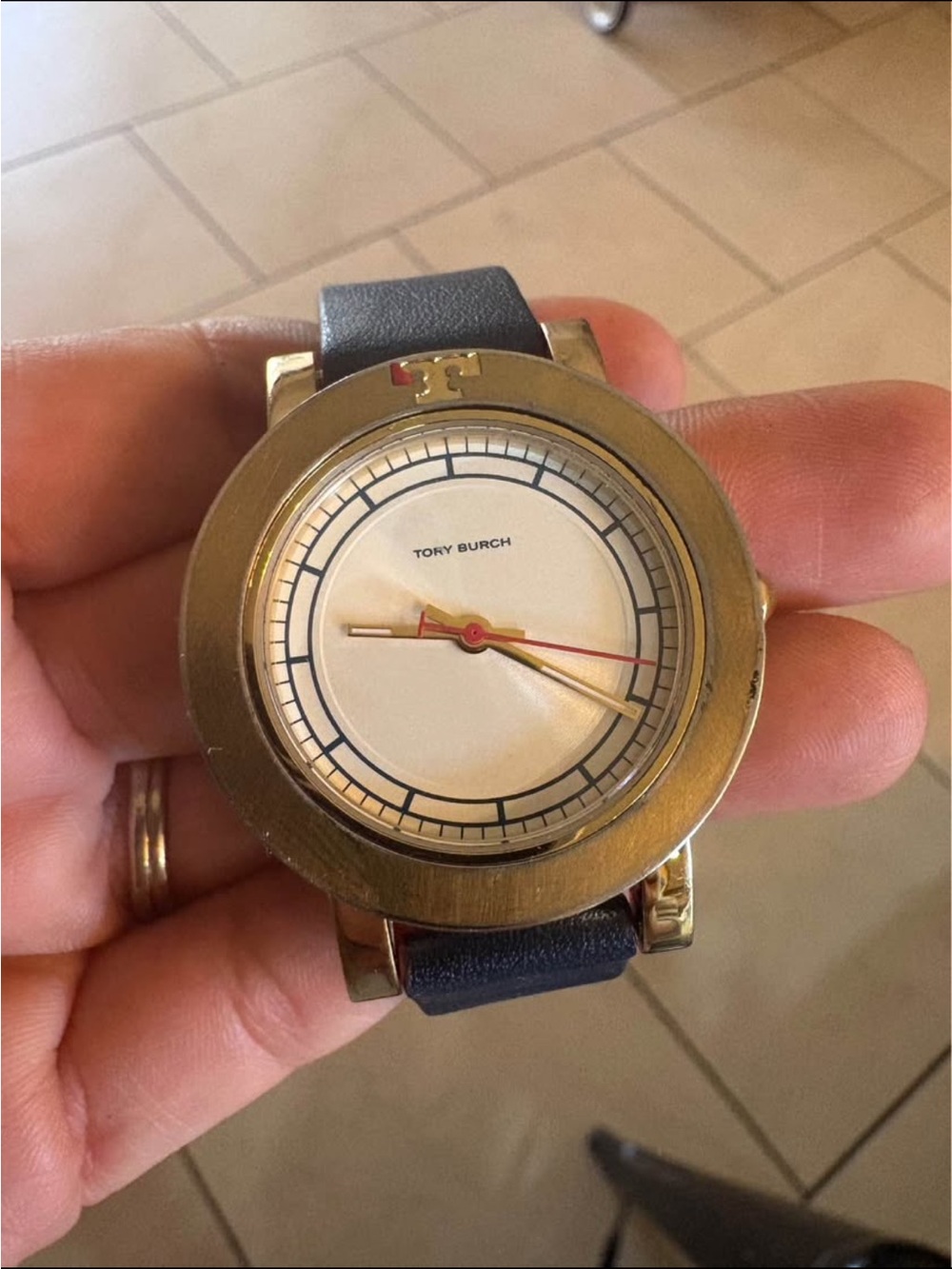 Tory Burch Gold-Tone Case Cream Dial Navy Leather Strap Watch